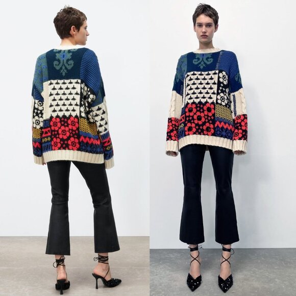 NEW Zara Patchwork Wool Blend Beaded Applique Oversize Limited Edition Sweater M - Picture 4 of 13